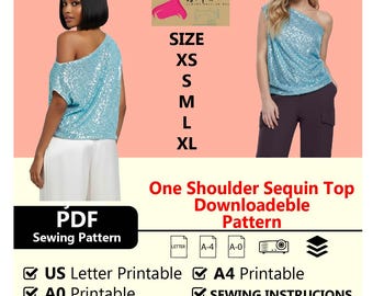 One shoulder Sequin top - Downloadable PDF Sewing Pattern | A4 US Letter Printable | Instant Downloadable