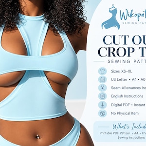 Puede incluir: Un patrón de costura para un top corto con aberturas en color azul claro de Wikopattern. El PDF digital incluye tallas XS-XL, formatos US Letter, A4 y A0, márgenes de costura e instrucciones en inglés. Es un archivo digital para imprimir.