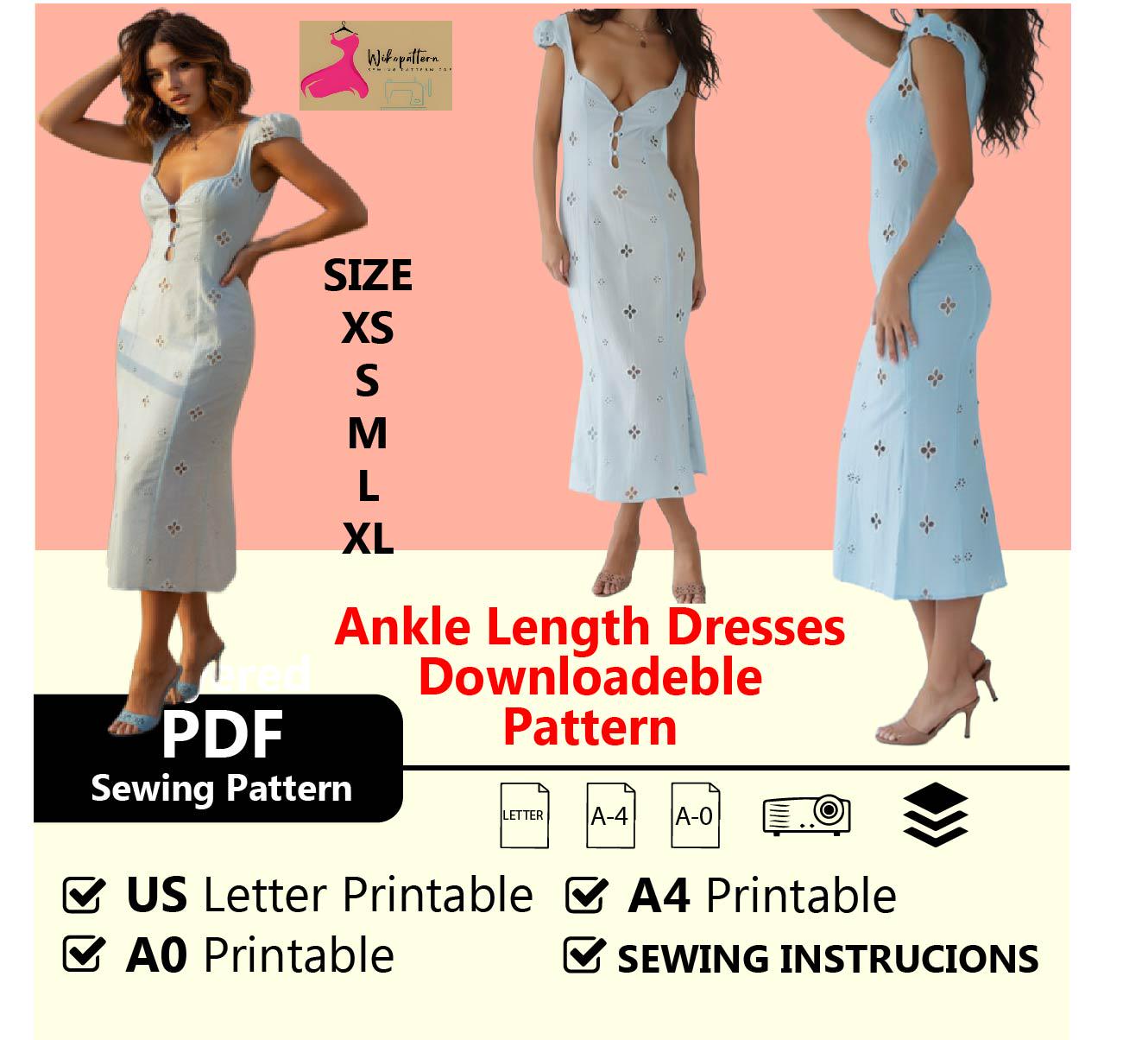 ankle length dress pattern Ankle-length Dresses- Downloadable PDF Sewing Pattern | A4 US Letter  Printable | Instant Downloadable