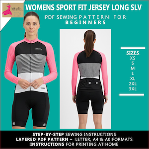May include: A black, white, and pink cycling jersey and shorts set. The long-sleeved jersey features a striped design and the text "WOMENS SPORT FIT JERSEY LONG SLV" and "PDF SEWING PATTERN FOR BEGINNERS". Sizes XS to 3XL are listed.