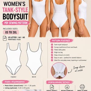 Peut inclure: Un patron de couture numérique pour un body blanc à bretelles larges, doté d'une encolure dégagée, d'une coupe échancrée aux jambes et d'une fermeture à boutons-pression à l'entrejambe, disponible dans les tailles XS à 2XL.