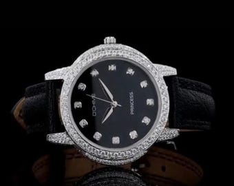 Moissanite Diamond Black Dial Watch - Italian Leather Strap