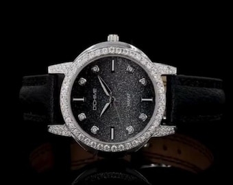 Zegarek z diamentami i moissanitem | Czarna tarcza Galaxy, skórzany pasek