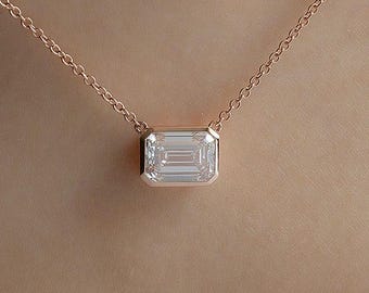 3ct Emerald Cut Lab Grown Diamond Pendant • Bezel Set Solid Gold Necklace
