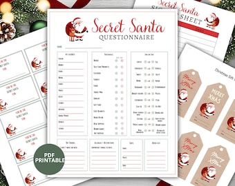 Secret Santa Printable Kit | Questionnaire, Sign-Up, Gift Tags (PDF)