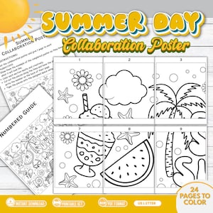 May include: A "Summer Day Collaboration Poster" printable set with 24 pages to color. The poster features numbered sections with summer-themed illustrations, including a flower, ice cream, cloud, palm trees, and watermelon. Includes a numbered guide.