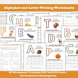 May include: A collection of alphabet and letter writing worksheets for preschool and kindergarten. The worksheets feature letters with corresponding images like a fox, eggplant, and acorn. The text "Alphabet and Letter Writing Worksheets" is at the top.