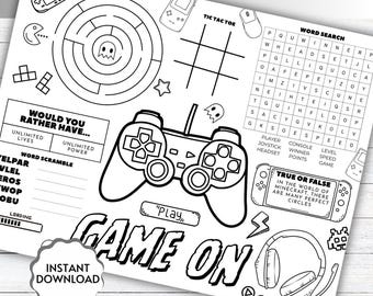 Gamer Activity Placemat, Kids Party Maze, Word Search, Coloring (Digital PDF Download)