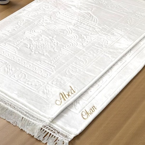Customized White Lux Thick Velvet Plush Prayer Mat Set, Thick Luxury Prayer Rug, Quran & Tasbeeh Gift Set, Prayer Mat Set,Muslim Nikkah Gift