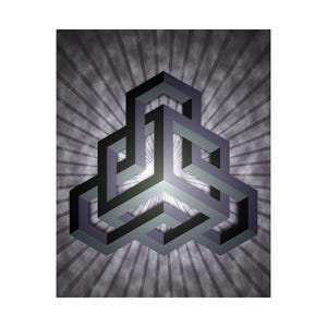 May include: An optical illusion art print featuring a 3D impossible object in shades of black, gray, and purple. The geometric shape is set against a background of radiating lines, creating a sense of depth and movement.