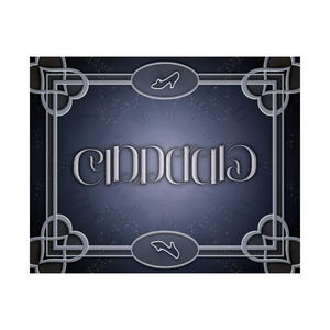 May include: A dark blue decorative sign with the word "Cinderella" in a stylized font. The sign has a silver border with ornate corner designs and two oval accents featuring a shoe silhouette.