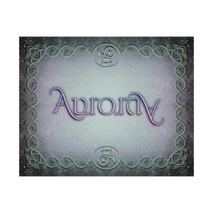 May include: A rectangular design with the name "Aurora" in a gradient purple and blue font. The design features a decorative border with a floral pattern and two circular emblems. The background is a soft, speckled gray.