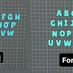 May include: Two sets of the alphabet in a light blue color, displayed on a gray grid background. The first set, labeled "Font #1", features a rounded, bubble-style font. The second set, labeled "Font #2", has a more standard, block-letter style.