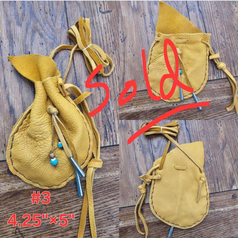 May include: A yellow leather pouch with a drawstring closure and a fringe. The pouch is decorated with turquoise and brown beads. The pouch is 4.25 inches by 5 inches. #3 Sold