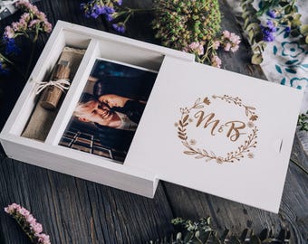 Scatola portafoto per matrimonio 4x6 con chiavetta USB 3.0 | Scatola in legno per stampe 15x10 cm e chiavetta USB per matrimonio, regalo per fotografo