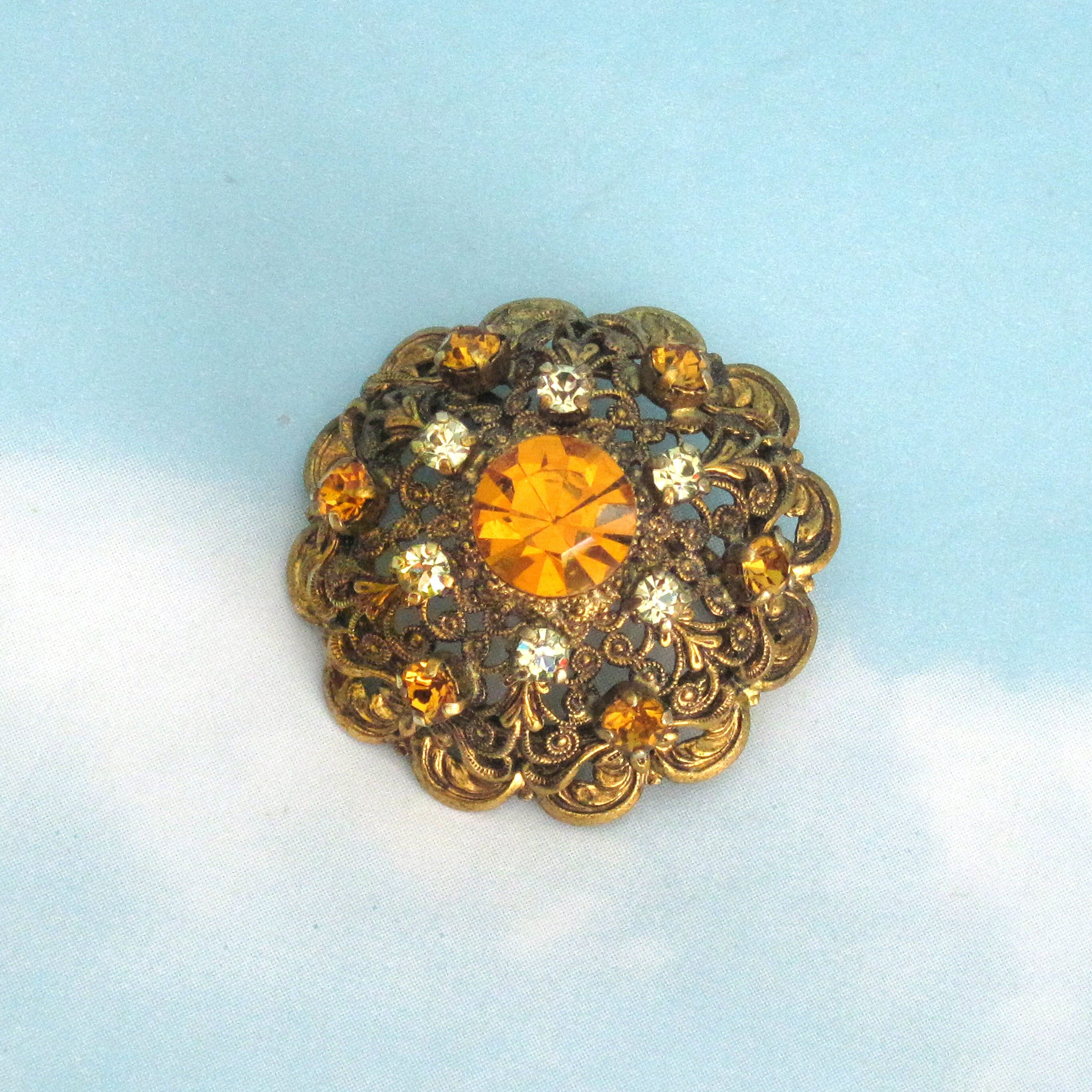 Dark Topaz Vintage Brooch Made in West Germany / Round, Dome Shape / Prong Set Glass Amber Stones / 1950s, Gift Box, Free Shipping