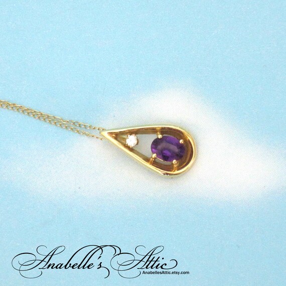 14K Gold Amethyst & Diamond Pendant Necklace with… - image 2
