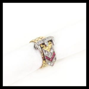 14K Gold Diamond & Ruby Belt Buckle Ring: Cartier Inspired, Flexible, Size 7