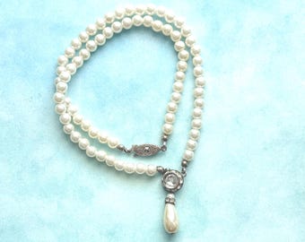 Faux Pearl 16" Necklace + 1.5" Rhinestone & Teardrop, 6mm, White, High Luster, Metal Filigree Clasp, Vintage 1980s, Elegant, Retro Classic