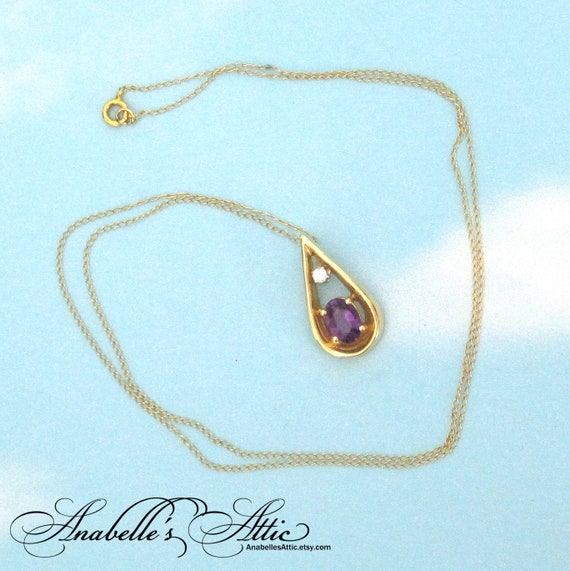 14K Gold Amethyst & Diamond Pendant Necklace with… - image 3