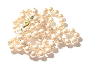 Faux Pearl Necklace, Hand-Knotted, 18", 8mm, Champagne Color, High Luster, Gold Metal Filigree Clasp, Vintage 1980s, Elegant, Retro Classic
