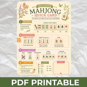 麻雀クイックカード、印刷可能なタイルガイド、麻雀チートシート、ファミリーゲームナイトPDF