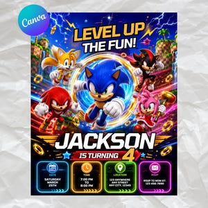 May include: A digital birthday invitation featuring Sonic the Hedgehog, Tails, Knuckles, Shadow, and Amy Rose. The text reads LEVEL UP THE FUN!, JACKSON IS TURNING 4, and includes placeholders for date, time, location, and RSVP details in neon boxes.