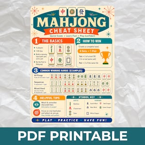 May include: A Mahjong cheat sheet printed on a cream-colored background with teal and orange accents. The guide features sections titled The Basics, How to Win, Common Winning Hands, Helpful Tips, and a Symbol Key, all with instructional text.