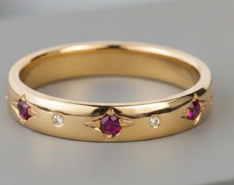 Gelbgold Zierliche Rubin Ehering Minimalist 2 mm Rot Edelstein Handgemachter Ring für Sie