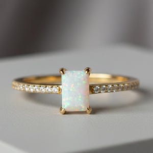 Yellow Gold White Opal Engagement Ring, Gemstone Stacking Band, 925 Sterling-Silver, Ring For Her