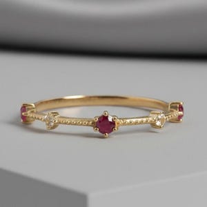 Pink Ruby Gemstone Half Eternity Band, July Birthstone Jewelry, Minimalist Gift For Her