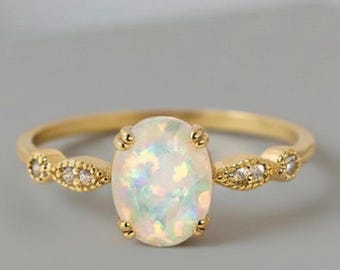 Anillo de ópalo de oro amarillo - Regalo minimalista para ella - Piedra de nacimiento delicada - Anillo de compromiso y promesa