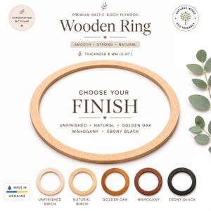 May include: A circular wooden ring made of Baltic birch plywood with a thickness of 8 mm. The image displays text options for finishes including unfinished, natural, golden oak, mahogany, and ebony black, with five sample rings shown below.
