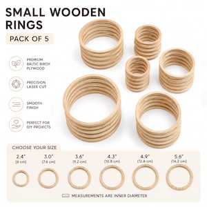 May include: A pack of five small wooden rings made from Baltic birch plywood. The image displays various stacks of rings with a smooth finish and includes text indicating sizes ranging from 6 cm to 14.2 cm in inner diameter.
