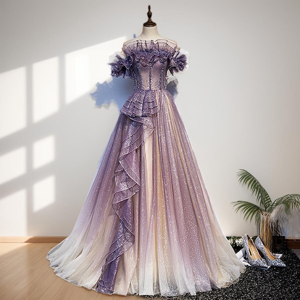 Vestido de hada morado con purpurina, elegante vestido de fiesta con hombros descubiertos, vestido de noche para graduación, vestido de novia, vestido de princesa, vestido de dama de honor