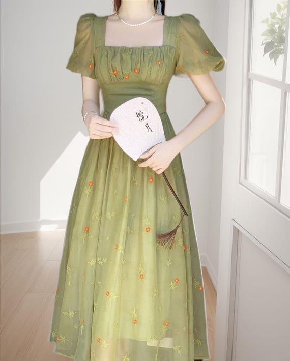 French Square Neck Dress, Embroidered Floral Fairy Dress, Gentle Princess, Cottagecore Dress, Elegant Ball Dress, Birthday Dress
