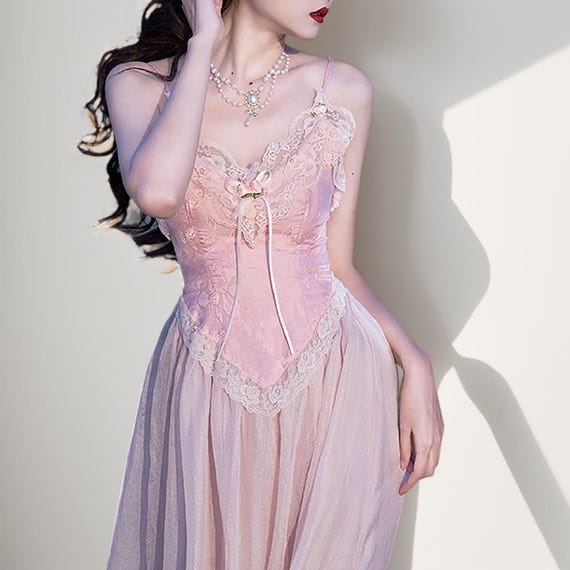 Pink French Fairy Dress, Vintage Slip Dress, Corset Princess Dress, Victoria Dress, Prom Dress, Cottagecore Dress, Beach Dress