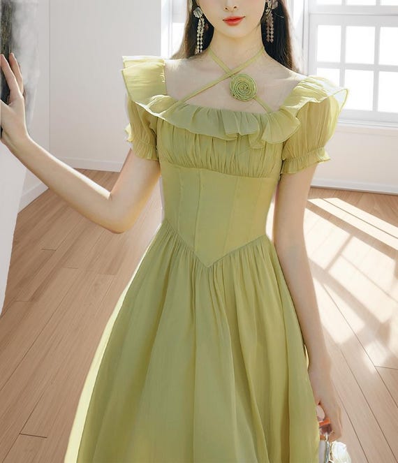 French Green Fairy Dress, Tea Break Vintage Dress, off Shoulder Dress, Cottagecore Dress, Victoria Dress, Beach Dress, Milkmaid Dress