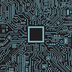 May include: A digital circuit board design with a black background and light blue lines and squares. The design is a repeating pattern of squares and lines, with a large square in the centre.