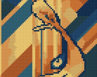 May include: Abstract digital art piece featuring a stylized bird in shades of blue, orange, and yellow. The artwork has a geometric, pixelated appearance, with the bird perched on a branch. The background has diagonal lines.