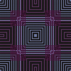May include: Geometric pattern featuring squares and rectangles in shades of black, purple, and blue. The design has a repeating, symmetrical arrangement of lines and shapes, creating a visually complex and textured effect.