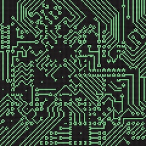 May include: A digital illustration of a circuit board. The design features a complex network of green lines and squares on a black background, creating a detailed and intricate pattern. The overall aesthetic is reminiscent of technology and electronics.