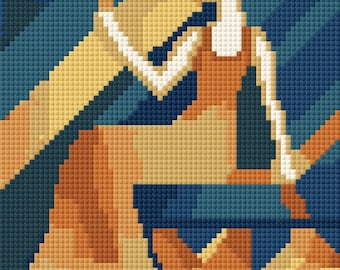 May include: Abstract pixelated illustration of a person holding a candle. The figure is rendered in shades of orange, tan, and white, set against a backdrop of blue and yellow geometric shapes.