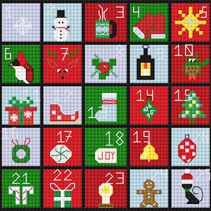 May include: A pixelated Christmas advent calendar with a black border. Each square features a festive image, including a snowflake, snowman, reindeer, Christmas tree, and a cat wearing a Santa hat. The word "JOY" is also visible.