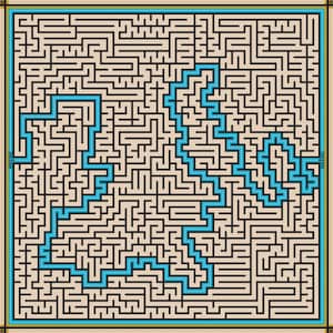 May include: A complex maze with a light tan background and black lines forming the maze pathways. A teal-colored path highlights the solution. The maze is framed by a teal border with gold accents.