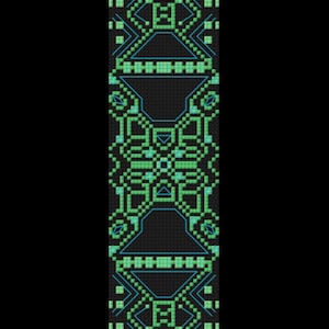 Könnte beinhalten: Ein schwarzes rechteckiges Design mit einem geometrischen Muster in Grün- und Türkistönen. Das Design weist symmetrische Formen auf, darunter Quadrate, Dreiecke und Linien, wodurch ein pixeliger Effekt entsteht. Das Muster ist auf einem schwarzen Hintergrund zentriert.