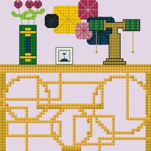 May include: A pixelated illustration of a table with a gold geometric design. On the table are a green and yellow vase with pink flowers, a small square object, and a lamp with green and blue shades. The background is a light purple.