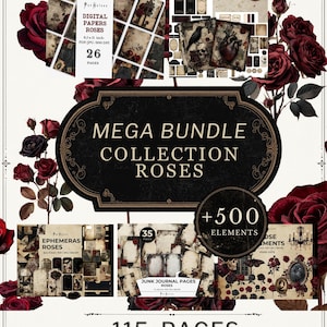 Dark Vintage Roses Mega Bundle, Gothic Junk Journal Kit, Printable Ephemera Pack, Victorian Rose Papers, Gothic Scrapbook, Digital Download