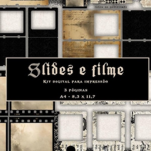 Pode incluir: Papel de scrapbook digital com estética vintage. O design apresenta elementos de tiras de filme, texturas de papel envelhecido e uma faixa preta central com o texto "Slides e filme". O layout inclui molduras e elementos de texto.