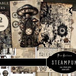 Könnte beinhalten: Druckbare Steampunk-Papiere mit Uhrtürmen, Zahnrädern und pilzförmigen Strukturen. Die Papiere haben eine Vintage-Ästhetik mit Sepia-Ton und enthalten den Text "12 PAGES" und "STEAMPUNK".